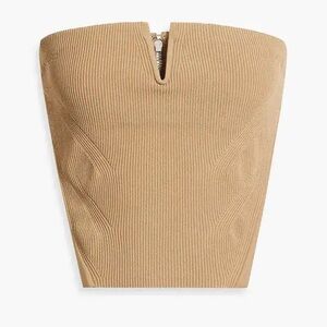 DION LEE TAN STRAPLESS RIBBED KNIT TOP